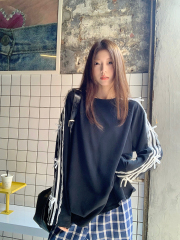 Real shot-Lace lace striped bow long-sleeved T-shirt for women casual loose mid-length design top