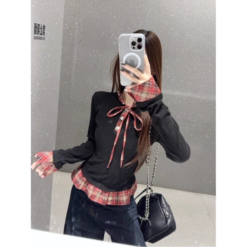 Shipped two fake red plaid long-sleeved T-shirts with large size fat mm spring slim fit slim inner top