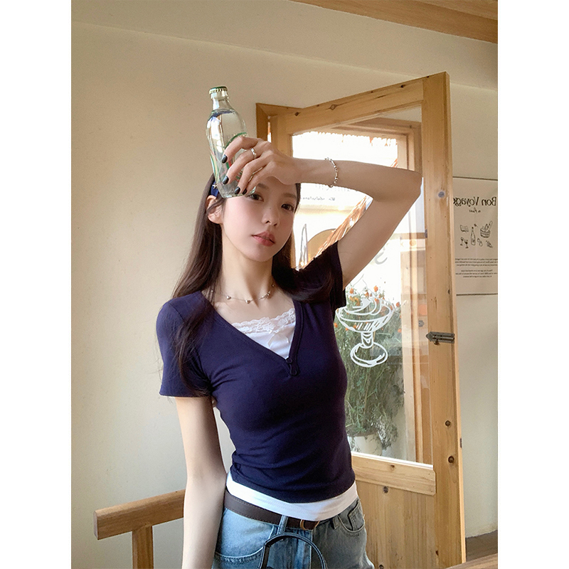 Real shot - Lace bow fake two-piece T-shirt for women's short-sleeved summer new style front shoulder slim short top trendy