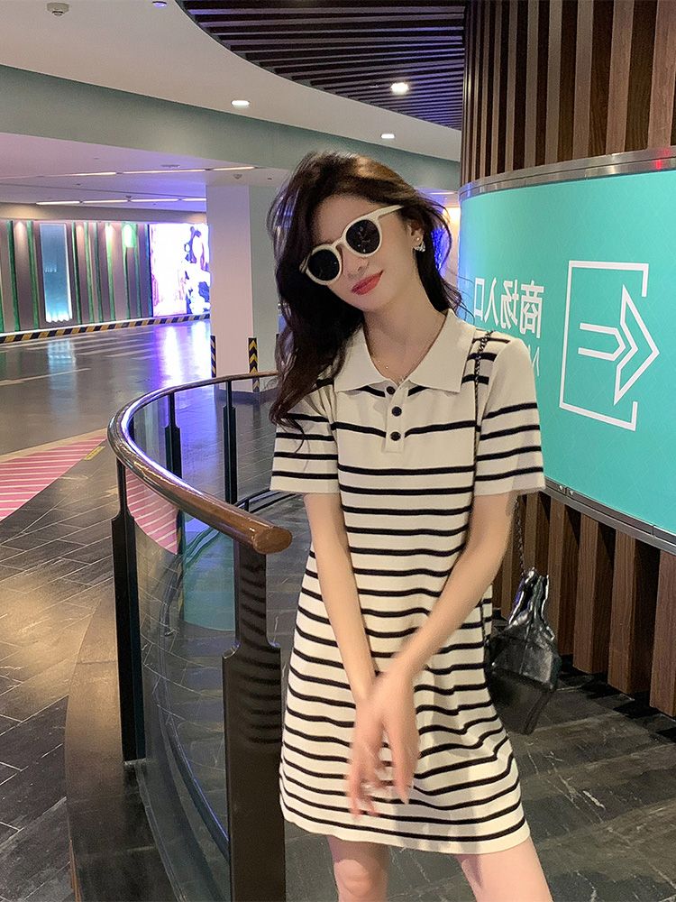 Shipped Lapel Dress Short Sleeve Casual Lazy Style Striped Ice Silk Polo Knitted Skirt Women's Summer 2025