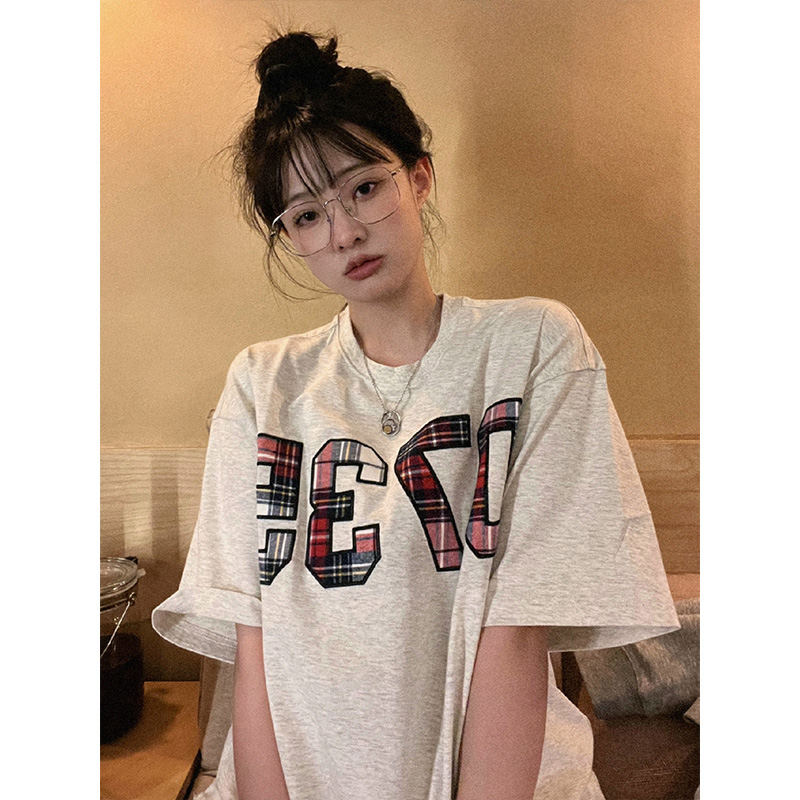 Shipped pure cotton 210g back bag collar embroidered digital short-sleeved T-shirt for women