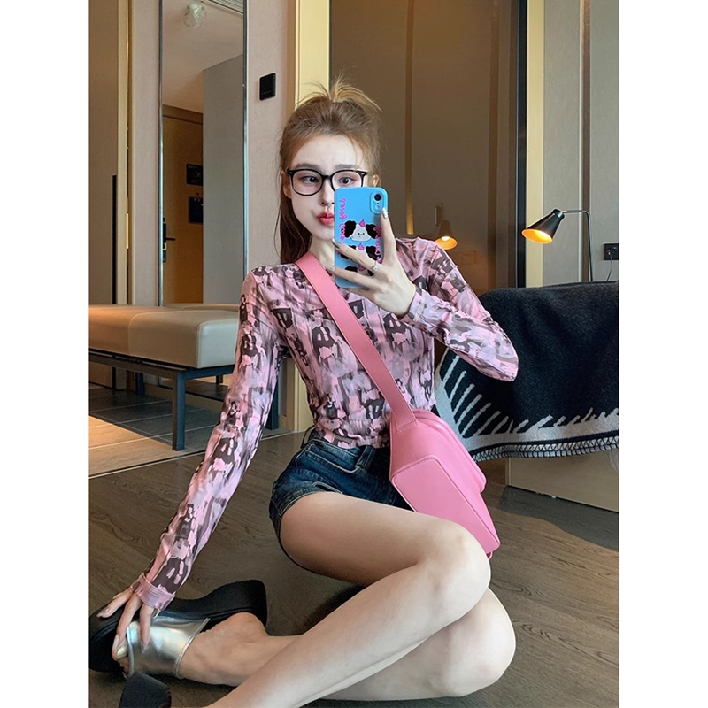 Shipped Official pictures + original style smudged long-sleeved T-shirt for women early spring thin American retro top