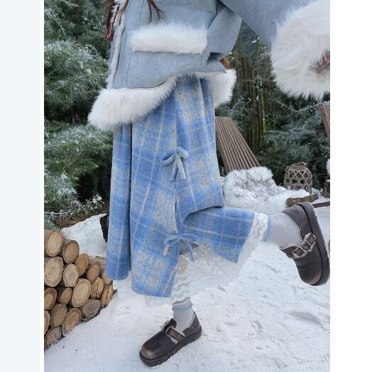 Shipped New A-line Thickened Blue Plaid Woolen Skirt Woolen Winter Skirt New Women's Fashion