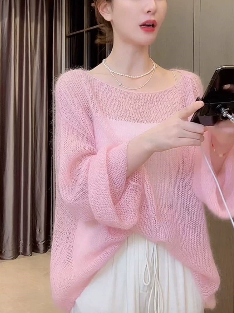 Shipped Summer hollow wool sweater for women's thin lazy style sunscreen shirt top