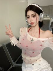 Shipped off-shoulder halter neck long-sleeved T-shirt for women's summer bow print hot girl slim thin shirt top