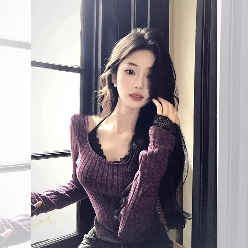 Shipped Purple fake two-piece halter neck long-sleeved T-shirt for women in spring slim fit tight inner base top