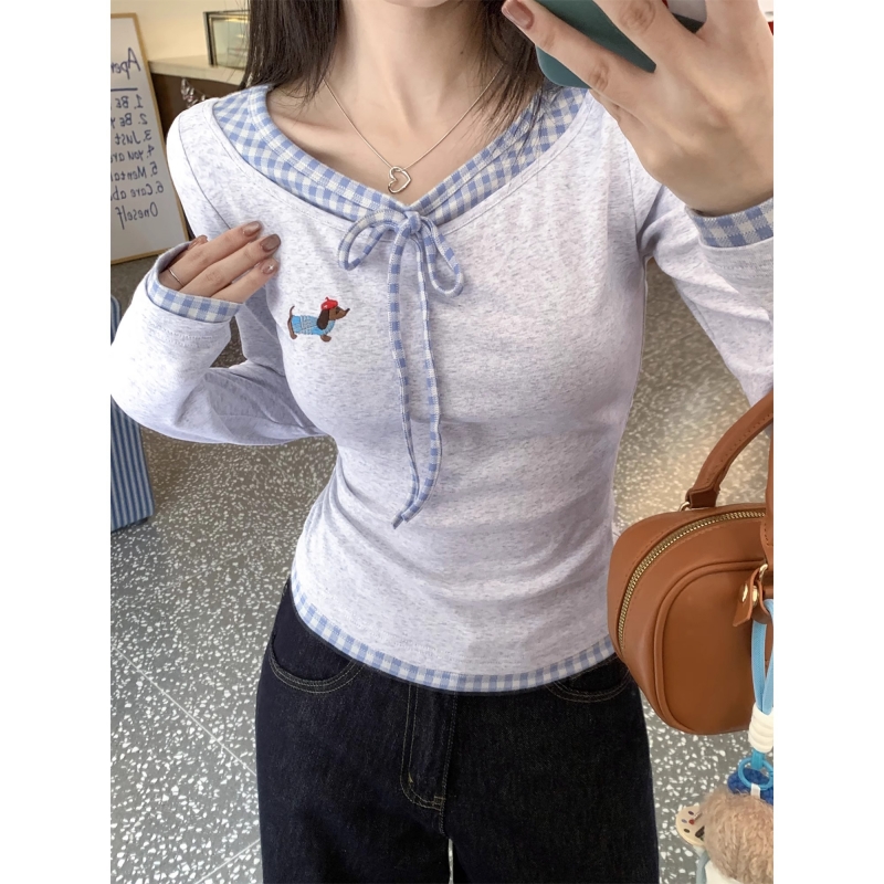 Shipped Gray Fake Two-piece Long Sleeve T-shirt for Women's Spring 2025 New Underwear Slim Body Clothes