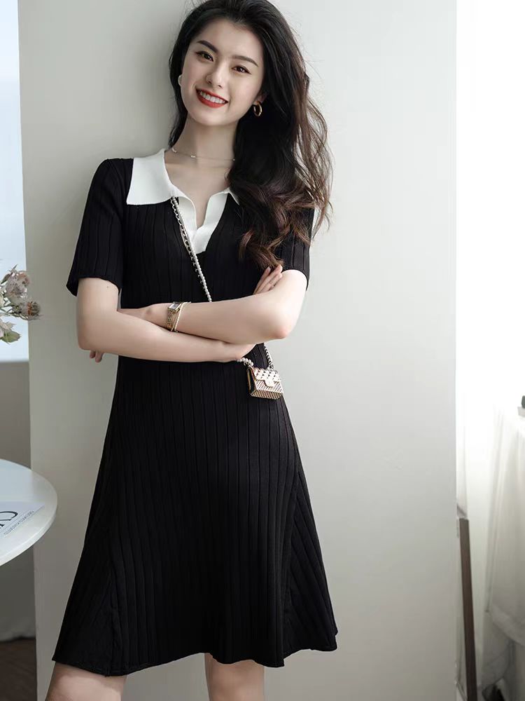 Shipped Summer blue ice silk knitted polo dress for women with waist slim waist to make them look slim and elegant skirt