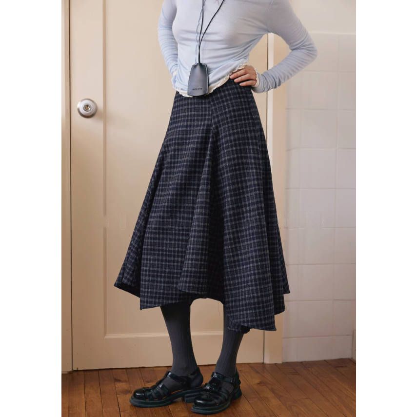 Shipped Skirt Blended Dark Plaid Skirt Temperament Medium-length Style All-match Irregular New Style