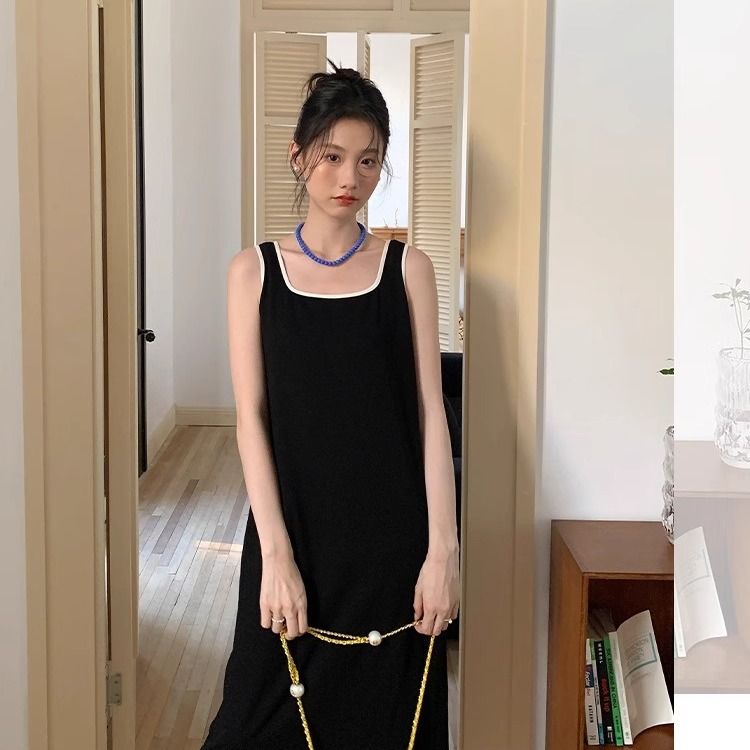 Has shipped Korean simple square collar solid color slim mid-length style outer wear temperament vest dress