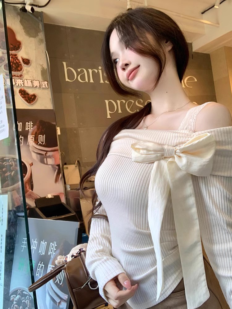 Shipped Mousse cashmere one-shoulder pure and beautiful bow-off-shoulder sweet girl top T-shirt