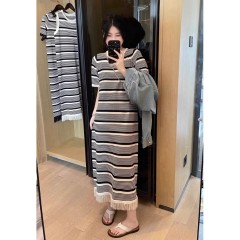 Shipped Slim and chic tassel contrasting stripes 2025 knitted dress summer new skirt for women