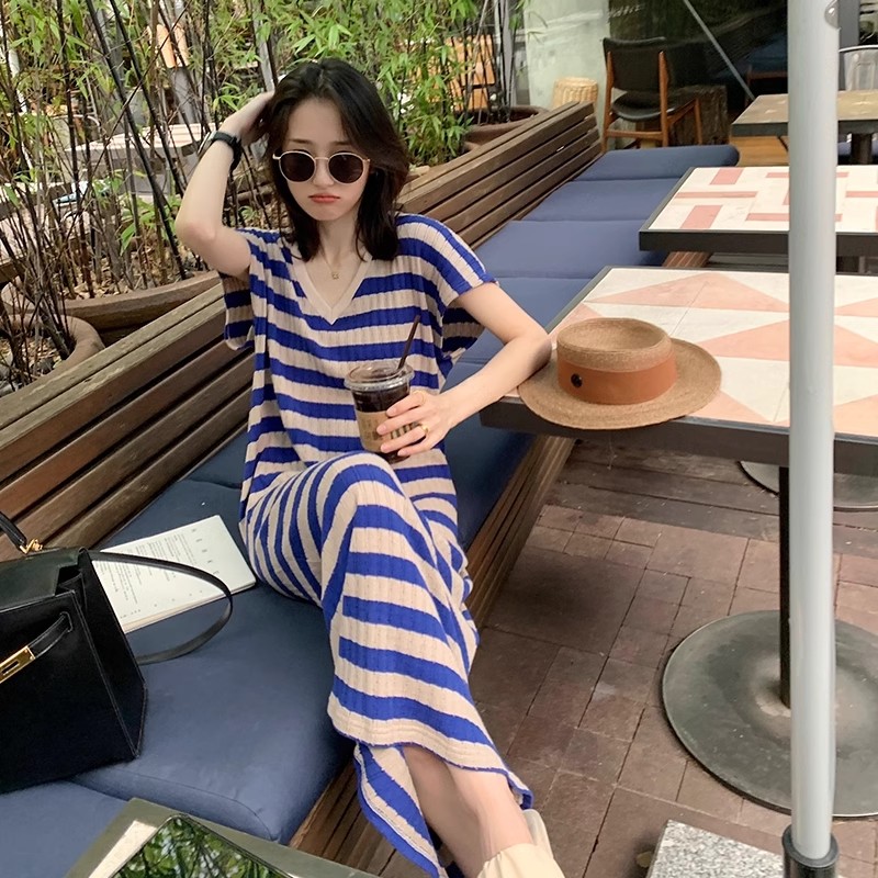 Shipped Lazy Summer Striped V-neck Dress Loose
