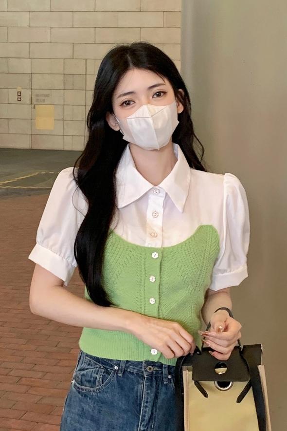 Shipped New Korean version sweet niche design contrasting color Polo collar spliced ​​short sleeves