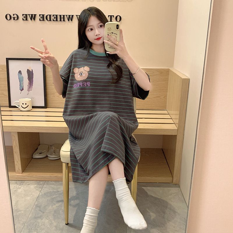 Summer tie-up imitation cotton round neck short-sleeved women's nightgown cartoon casual home clothing Korean style skirt