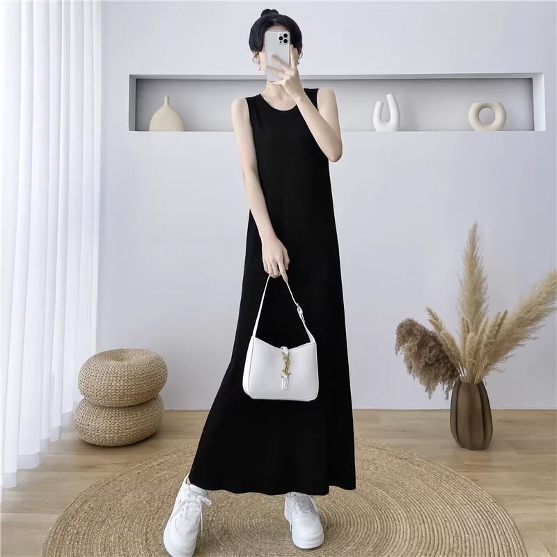 Shipped round neck base skirt for women 2025 summer design slim and draped knitted suspender vest dress