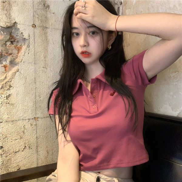 Shipped Pure Cotton Love Embroidery POLO Collar Short Sleeve T-shirt Top Female Bestie Outfit