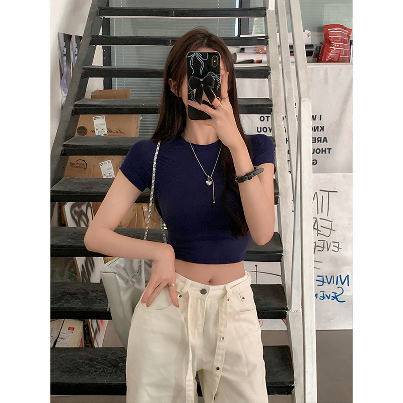 Real shot-Summer new hot girls round neck comfortable basic versatile slim short-sleeved round neck American T-shirt for women