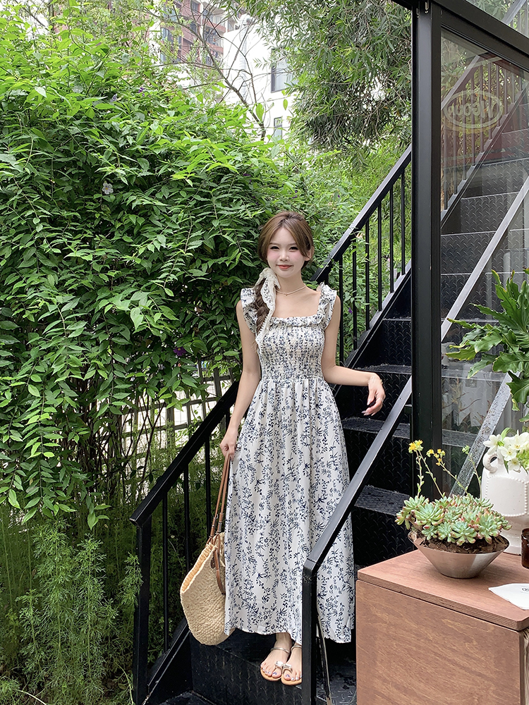 Shipped Party Leader Floral suspender dress for women's summer new style waist-hugging long skirt