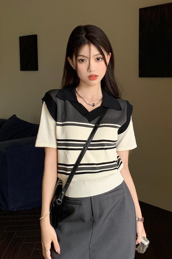 Shipped Fake two-piece sweater for summer new striped polo neck niche design short sleeves