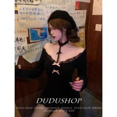 Has shipped Lace V-neck halter neck dress for women in autumn and winter new high-end sexy off-shoulder hot girl skirt