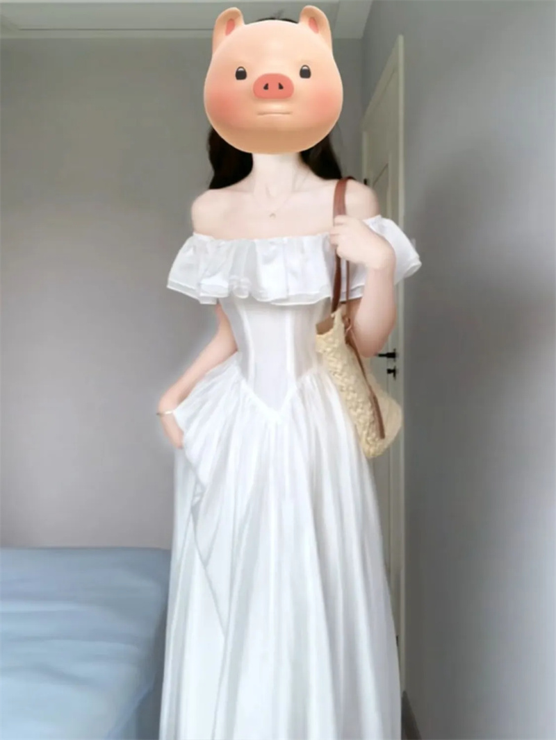 Shipped New high-end style ruffled waist-hugging long skirt French dress for women's summer white long