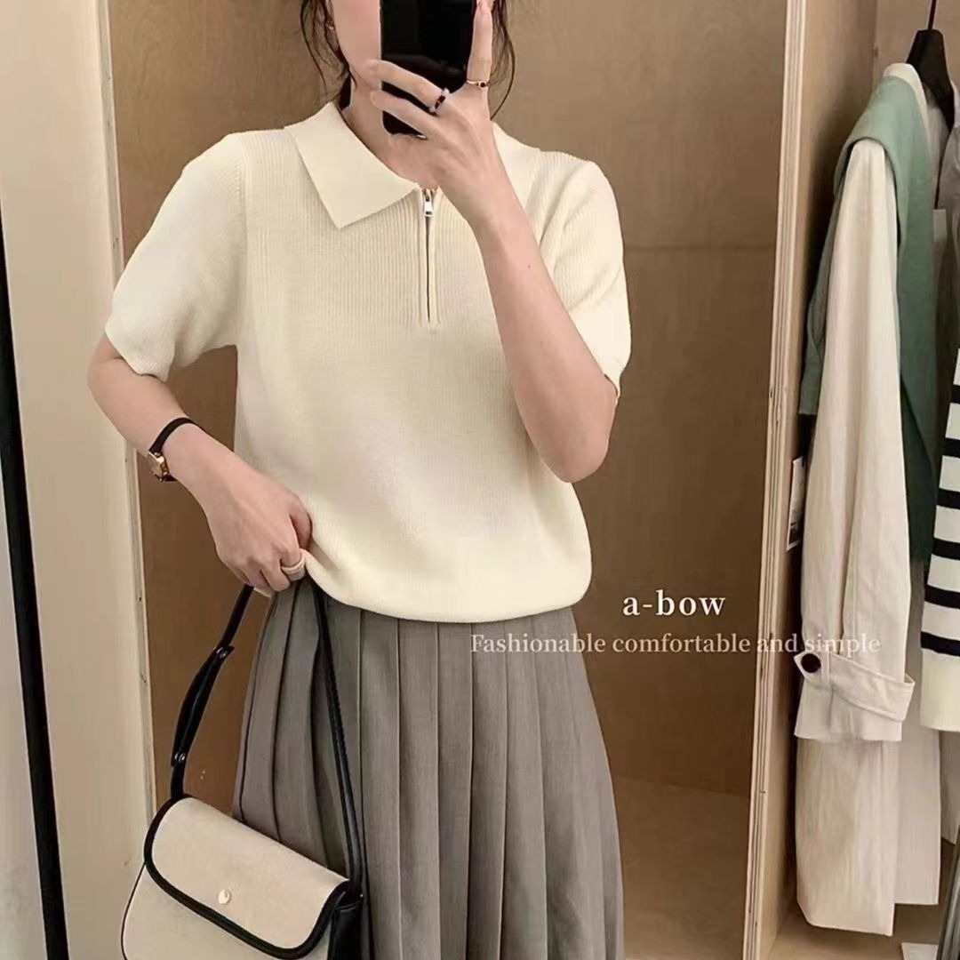 Shipped Short-sleeved sweater for women 2025 new simple pit strip slim solid color French retro top