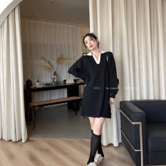 Shipped New short color block design polo collar knitted dress