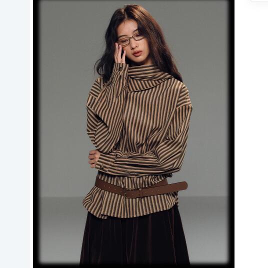 Shipped Retro lazy style tilted placket corduroy striped loose long sleeve top shirt women's flesh-covering trend