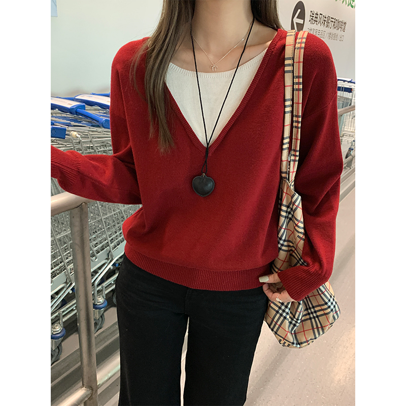 Has shipped fake two-piece contrasting long-sleeved sweater for women 2025 spring clothes new irregular design top trendy