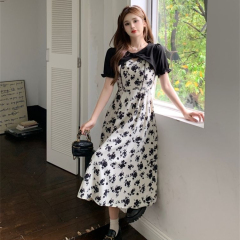 Shipped rose floral dress summer temperament slimming two high-end long skirts for women