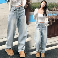 2025 waist lace-up design denim scimitar pants for women in spring and autumn new washing light blue high waist straight wide-leg pants