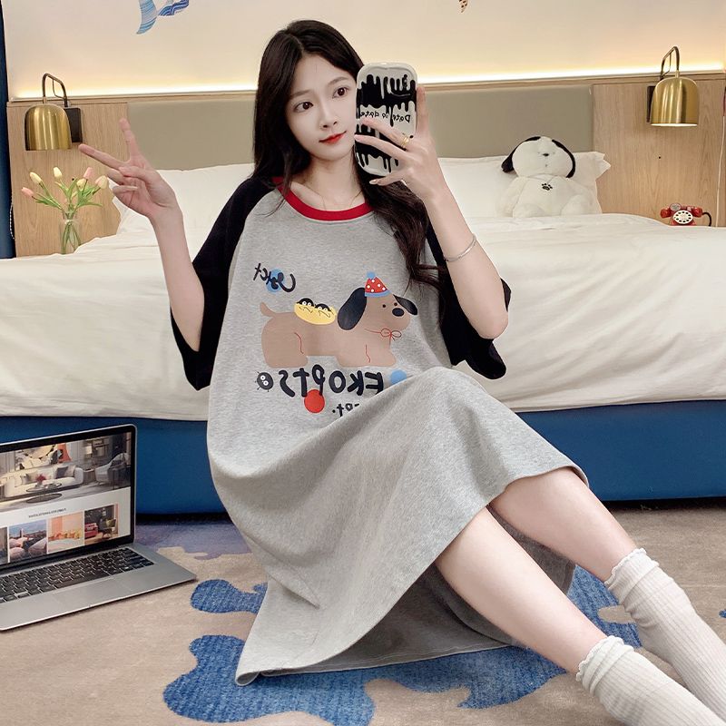 Summer tie-up imitation cotton round neck short-sleeved women's nightgown cartoon casual home clothing Korean style skirt