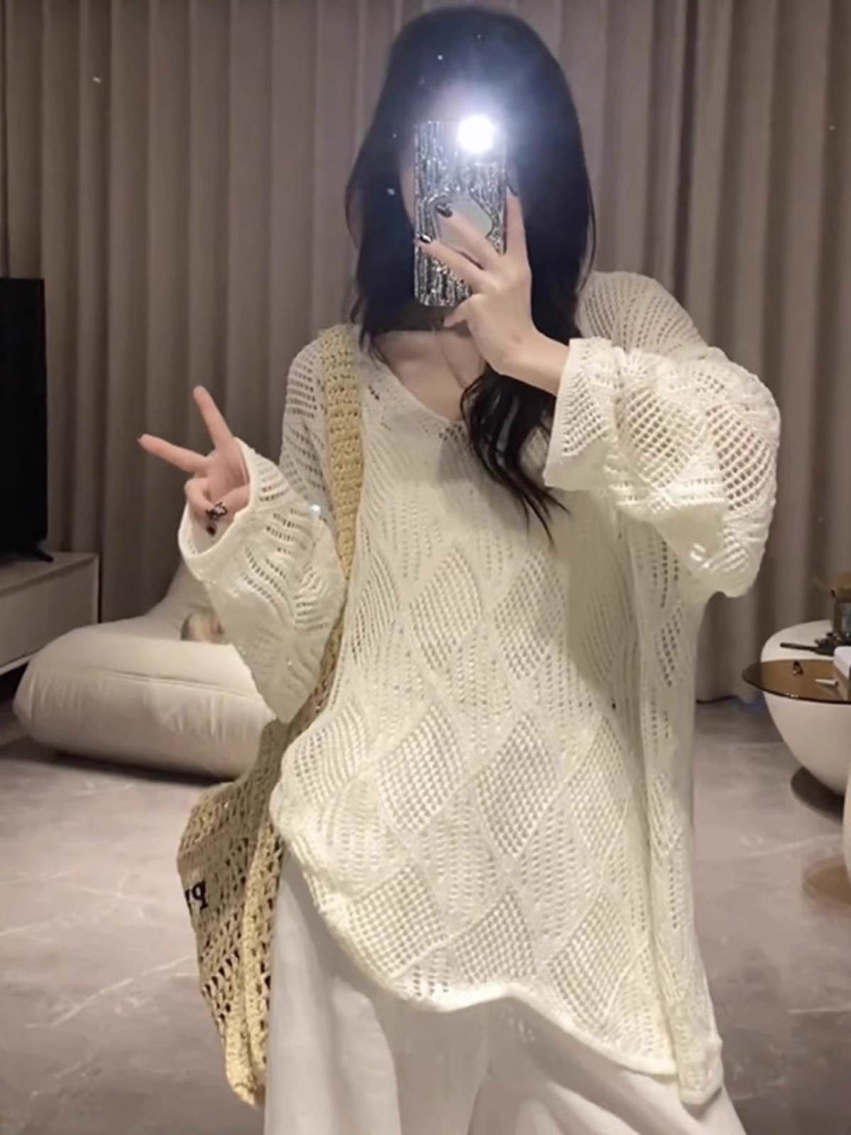 Shipped Bohemian Seaside V-neck Hollow Mesh Knitted Shirt for Women Summer Suit Slings Outdoor Sunscreen Jacket