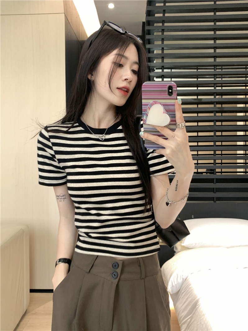 Shipped Pure cotton striped French sweet and spicy T-shirt women's striped short-sleeved top
