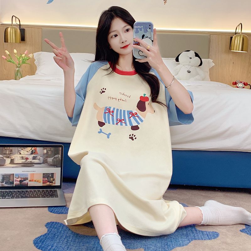 Summer tie-up imitation cotton round neck short-sleeved women's nightgown cartoon casual home clothing Korean style skirt