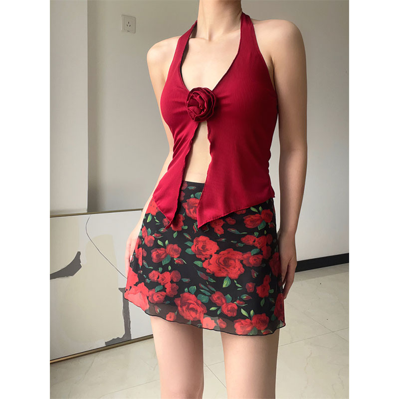 Shipped New summer retro rose printed mesh skirt high waist hip skirt