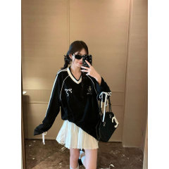 Shipped Lazy loose printed bow V-neck long-sleeved T-shirt for women early autumn design top