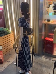 Shipped Striped Short Sleeve Dress Women's 2025 Summer New Style Slim and Slim A-line Long Skirt