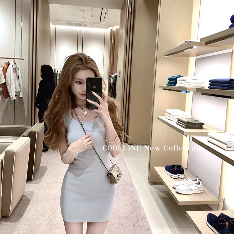 Shipped New commuter temperament trendy knitted skirt solid color sleeveless vest skirt slim dress for women summer