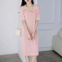 Shipped Short-sleeved dress for women, summer long over-knee knitted loose slim casual T-shirt skirt