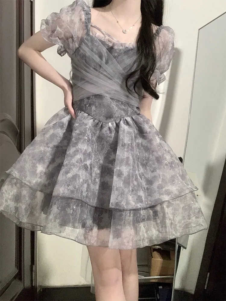 Shipped French sweet and spicy style super fairy waist-closing and slim puff sleeve square collar dress with sequin