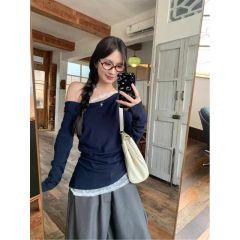 Shipped 260 original lace off-shoulder long-sleeved T-shirt for women's early autumn hot girls sexy top