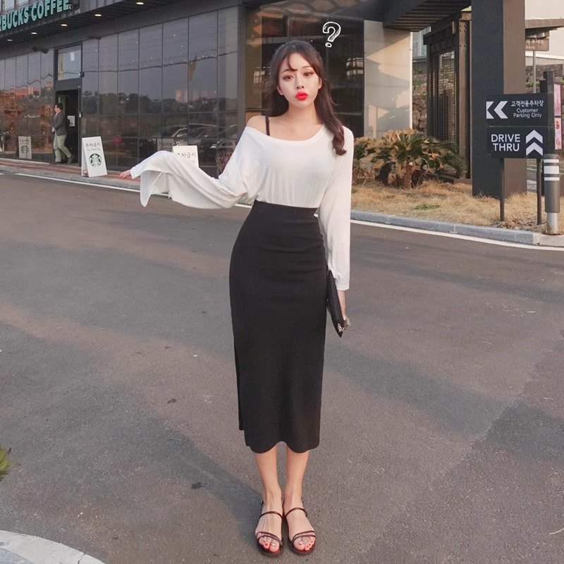 Has shipped Korean version solid color simple side slit skirt mid-length high-waisted hip skirt one-step skirt for women
