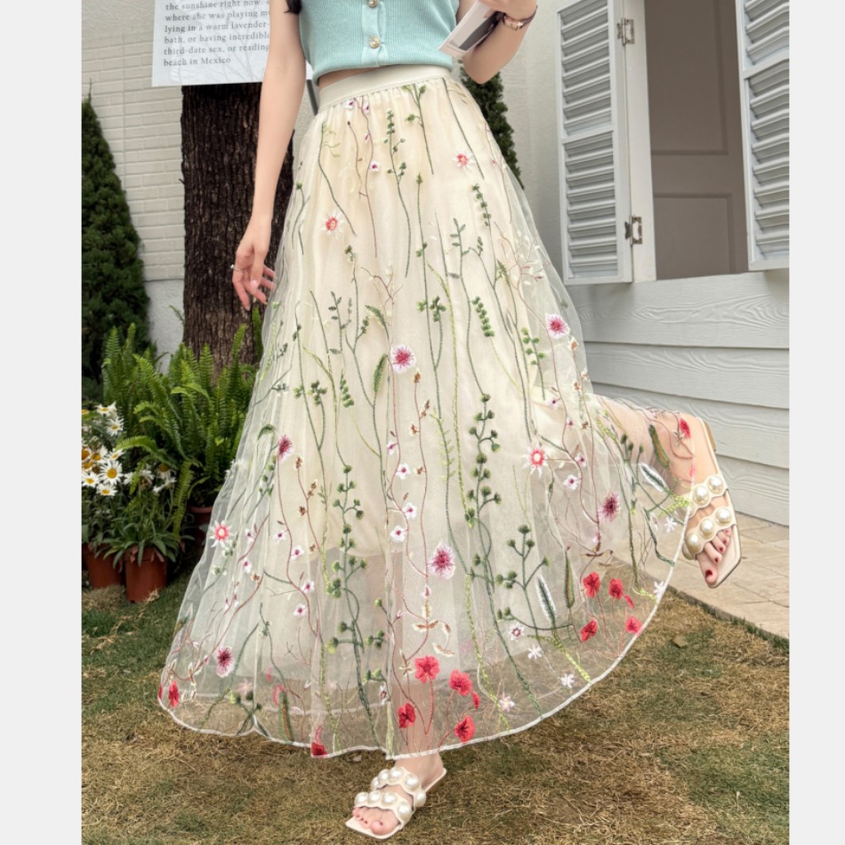 Heavy Industry Embroidery 2025 Summer New Design Mesh Skirt High Waist Slim and Temperament A-line Skirt Long Skirt Women