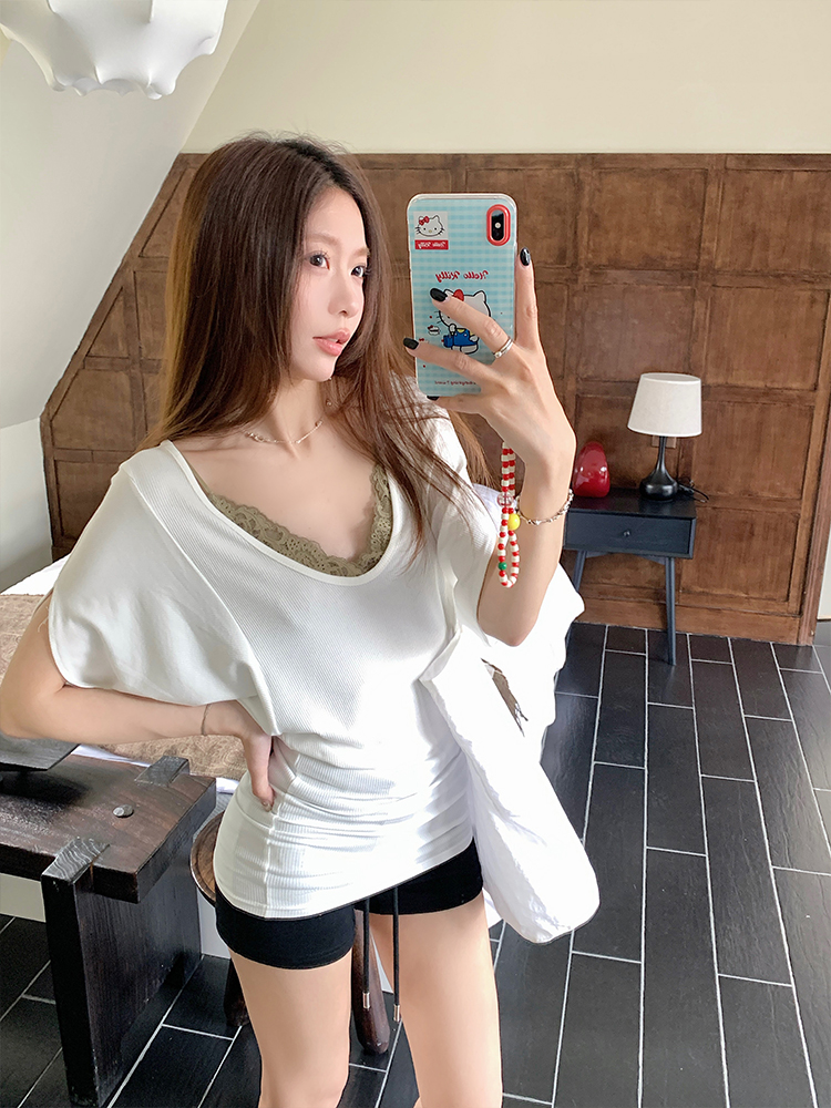 Real shot-Lanid style loose V-neck short-sleeved T-shirt for women's base shirt bat sleeve blouse