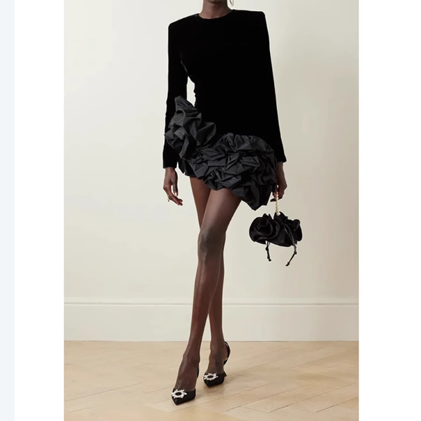 Shipped Spliced ​​and layered ruffled irregular slim mini skirt feminine slim dress short