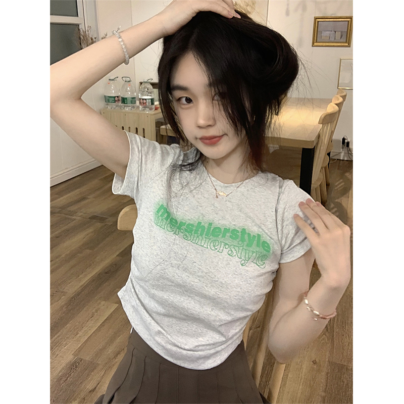 Shipped Pure Cotton American Hot Girls Gray Short T-shirt Women's Summer New Alphabet