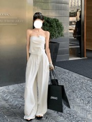 Shipped French sexy hot girl irregular folded breast top summer white texture high waist wide legs