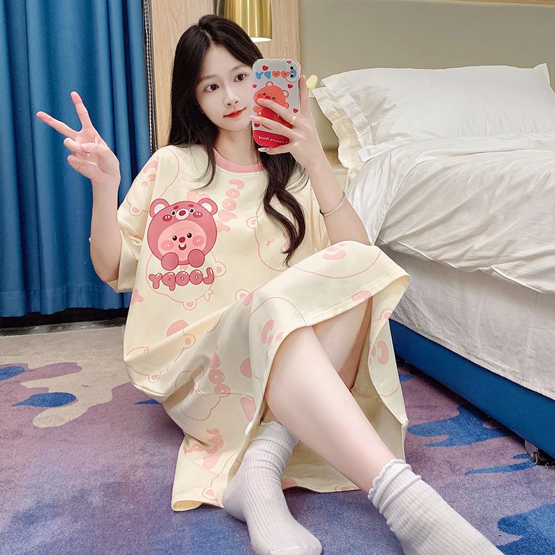Summer tie-up imitation cotton round neck short-sleeved women's nightgown cartoon casual home clothing Korean style skirt